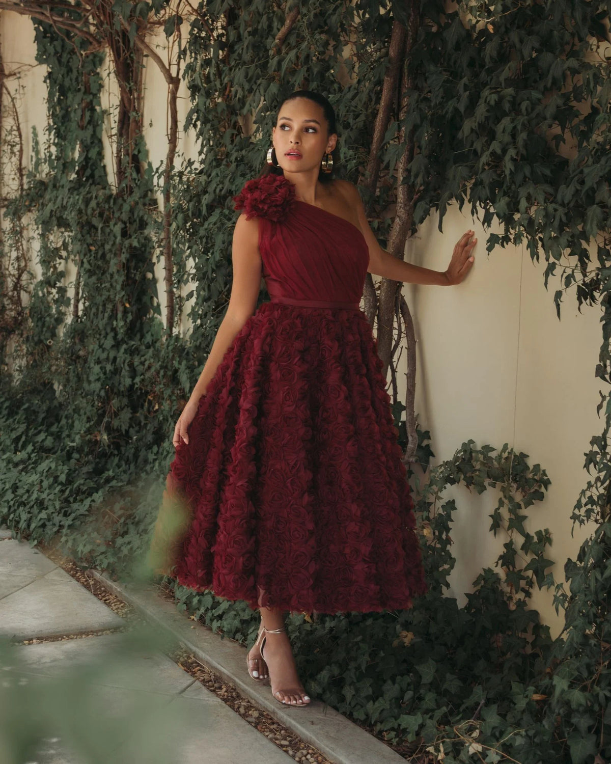 Mac Duggal Red One Shoulder Rosette A Line Midi Dress with 3D Flower #27698 Wine