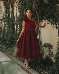 Mac Duggal Red One Shoulder Rosette A Line Midi Dress with 3D Flower #27698 Wine