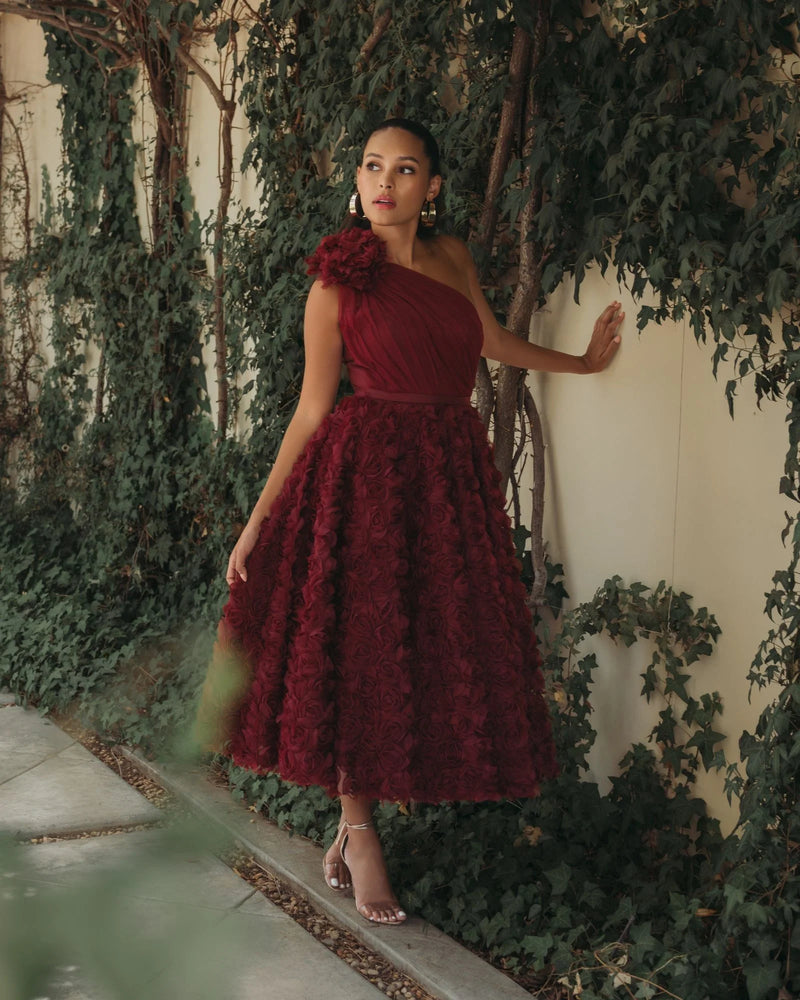 Mac Duggal Red One Shoulder Rosette A Line Midi Dress with 3D Flower #27698 Wine