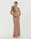 Long Sleeve V Neck Sequin Gown With Flower - Copper