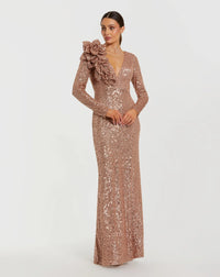 Long Sleeve V Neck Sequin Gown With Flower - Copper