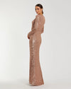 Long Sleeve V Neck Sequin Gown With Flower - Copper
