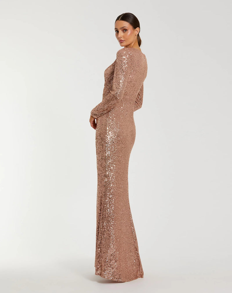 Long Sleeve V Neck Sequin Gown With Flower - Copper