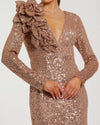 Long Sleeve V Neck Sequin Gown With Flower - Copper