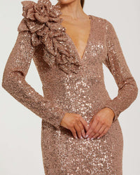Long Sleeve V Neck Sequin Gown With Flower - Copper