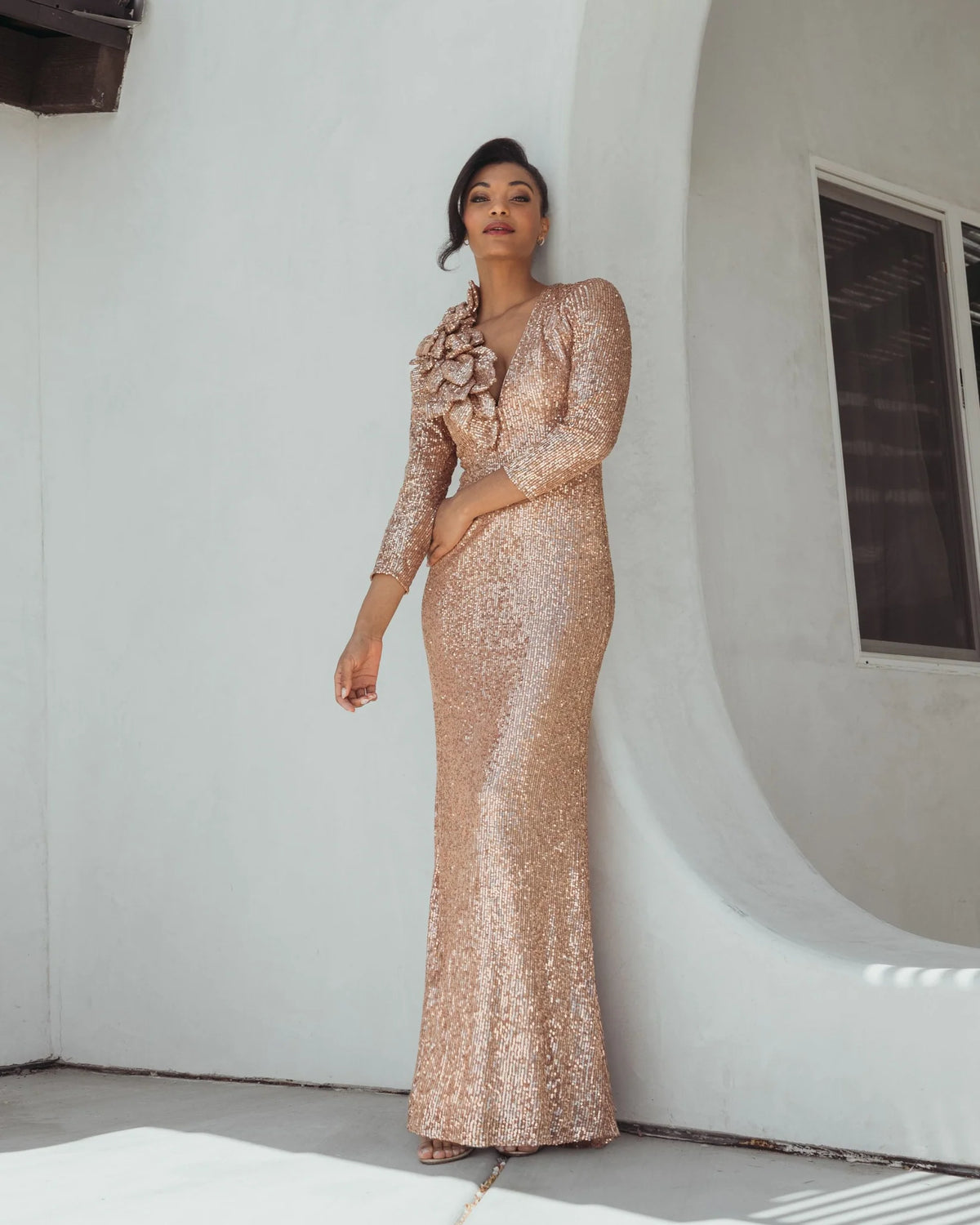 Mac Duggal Light Pink Long Sleeve V Neck Sequin Gown With 3D Flower - Copper #27700