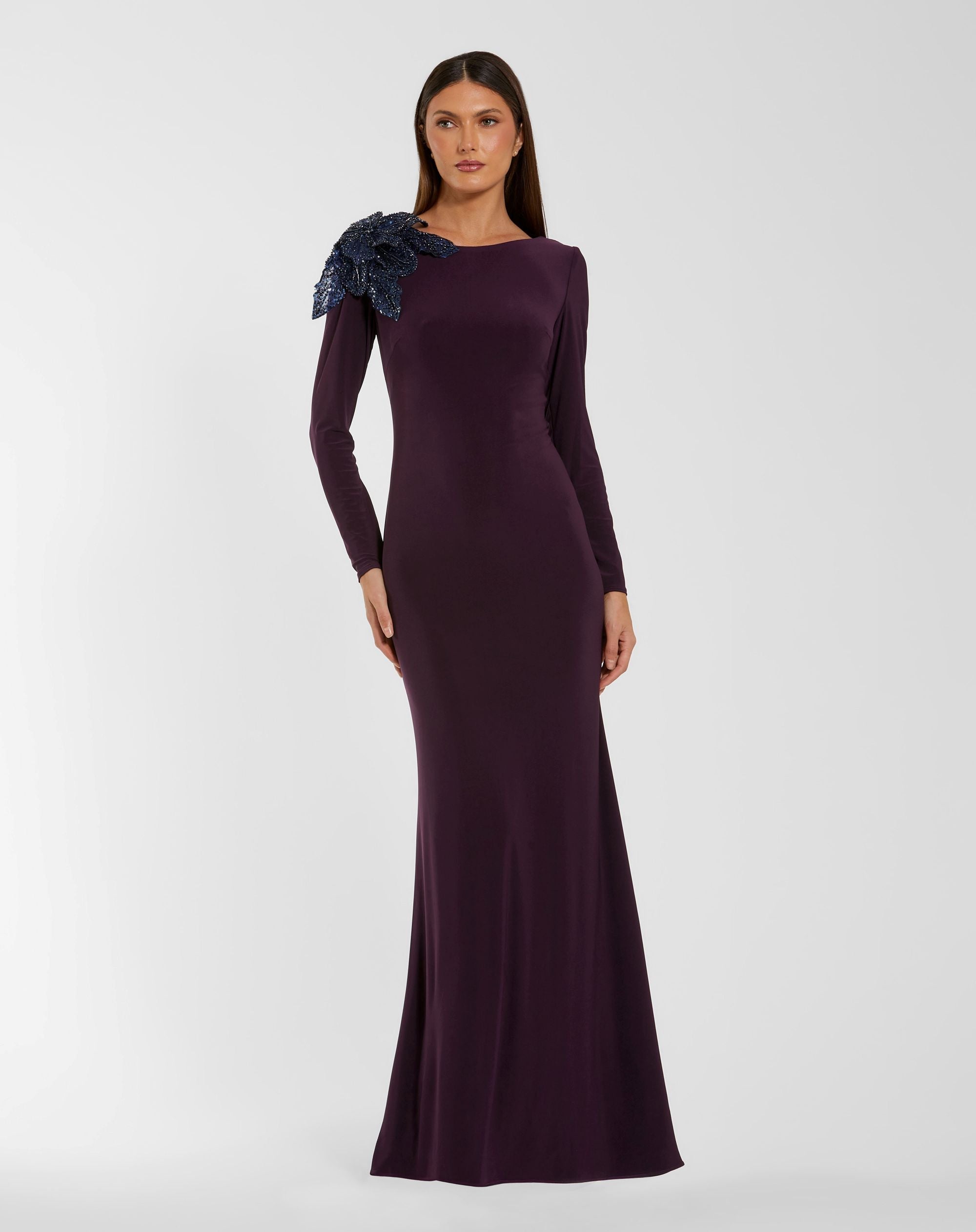 Mac Duggal 27705 Amethyst long sleeve jersey gown with 3D flower - front