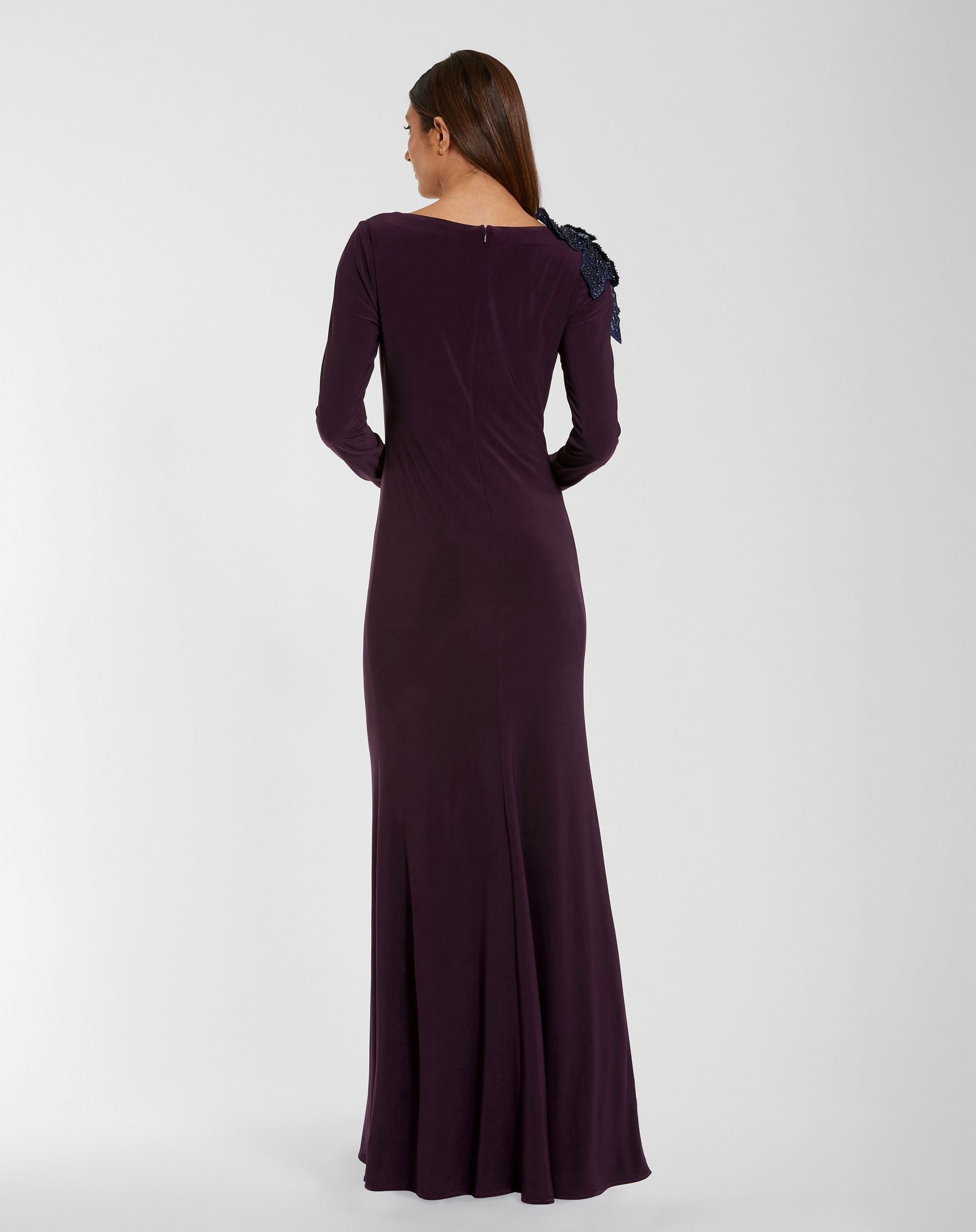 Mac Duggal 27705 Amethyst long sleeve jersey gown with 3D flower - back
