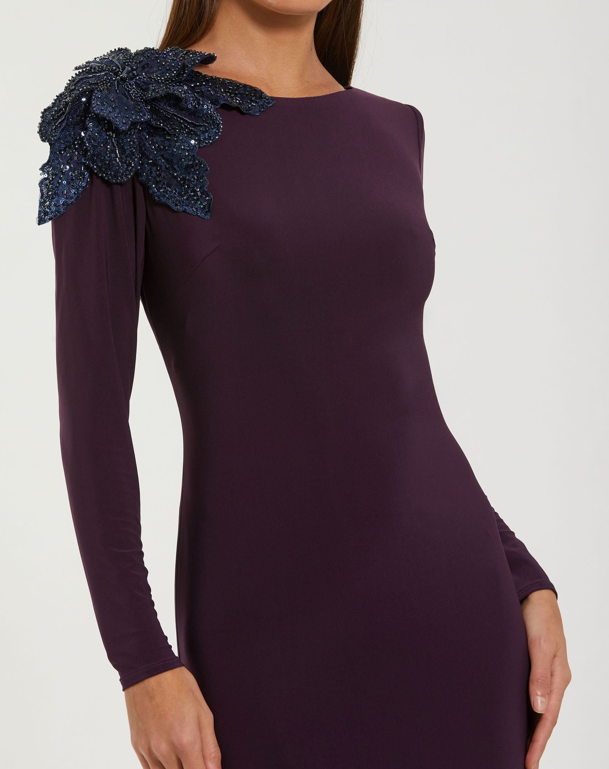 Mac Duggal 27705 Amethyst long sleeve jersey gown with 3D flower - detail