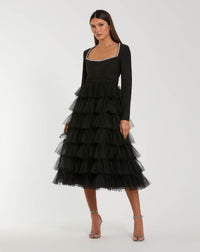 Mac Duggal Black Crystal Trim Tiered Tulle Midi Dress #27707