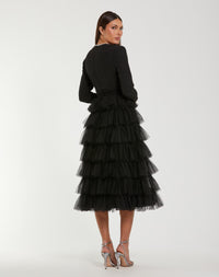 Black Crystal Trim Tiered Tulle Midi Dress