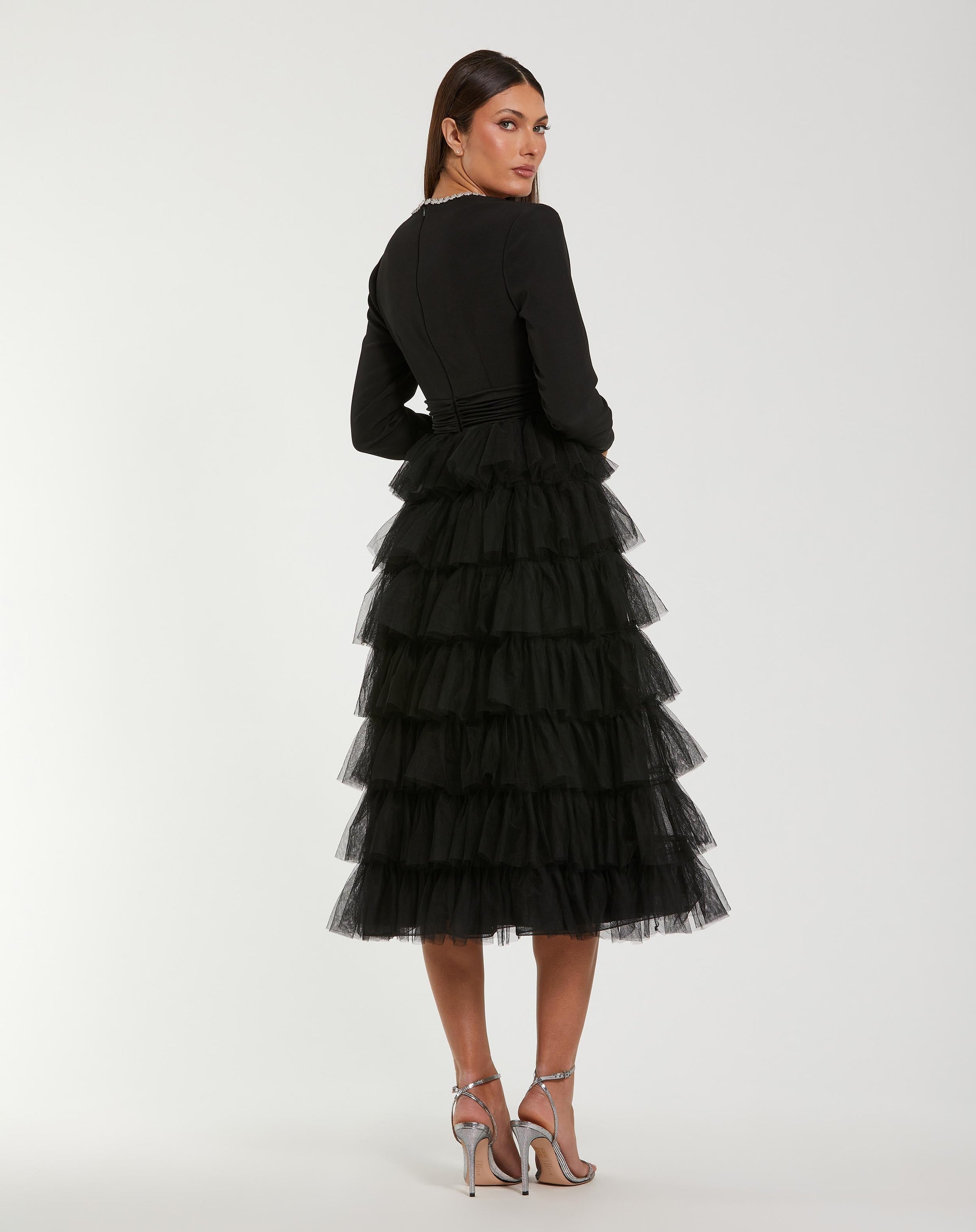Black crystal trim midi dress back
