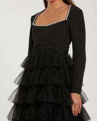 Black crystal trim midi dress close up