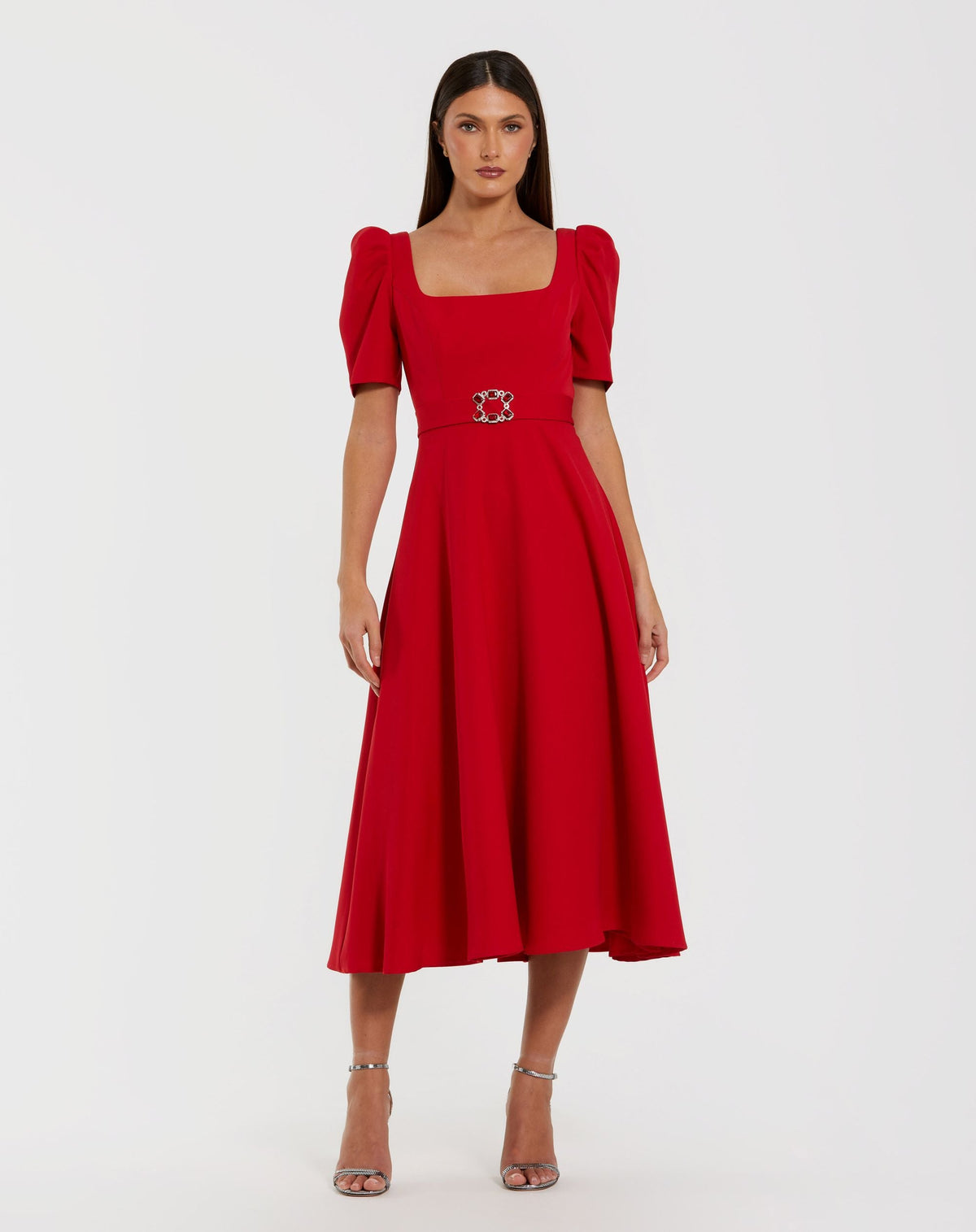 Mac Duggal #27714 red square neck short sleeve midi dress with belt