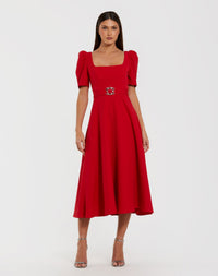 Mac Duggal #27714 red square neck short sleeve midi dress with belt