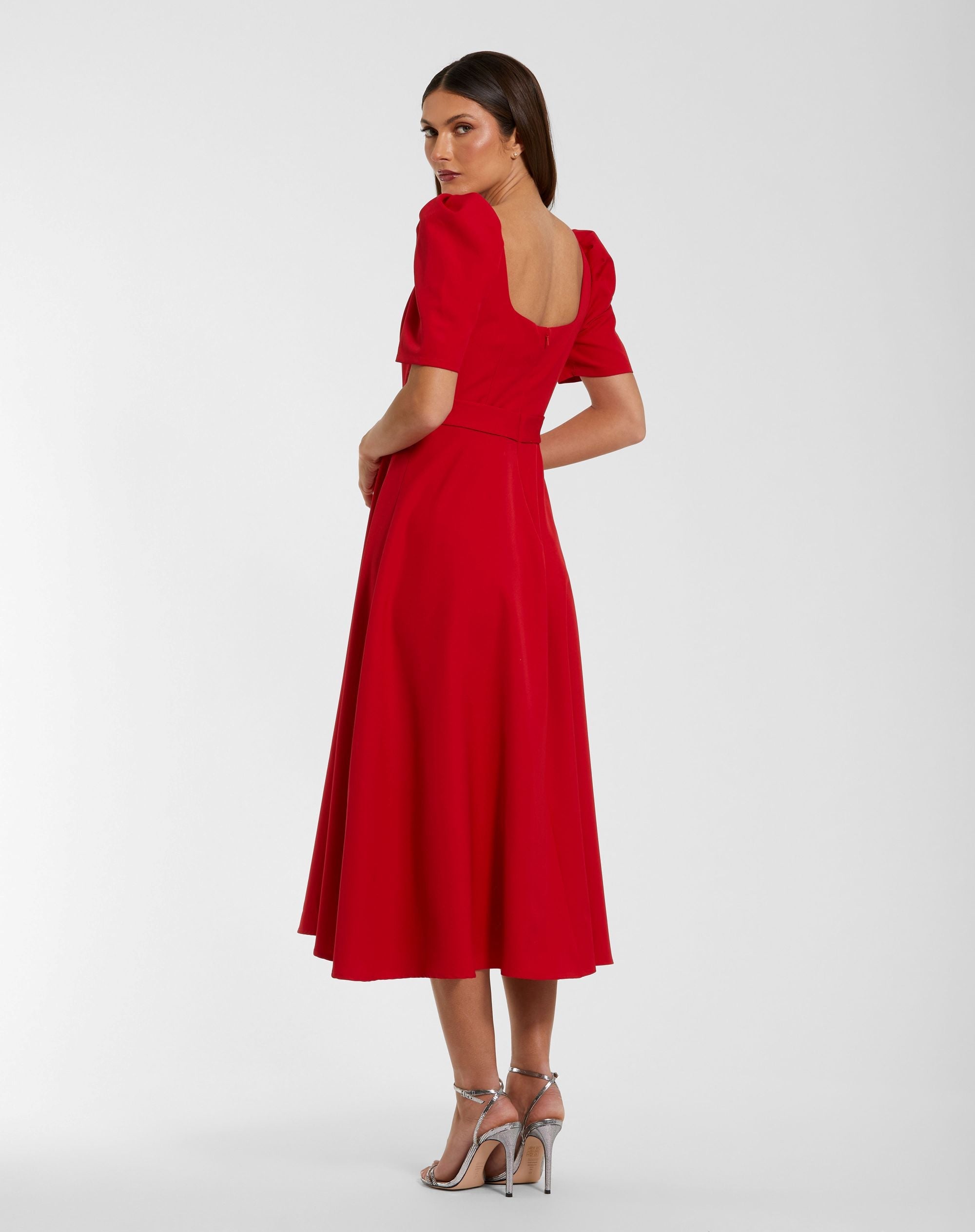 Mac Duggal #27714 red square neck short sleeve midi dress with belt
