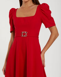 Mac Duggal #27714 red square neck short sleeve midi dress with belt