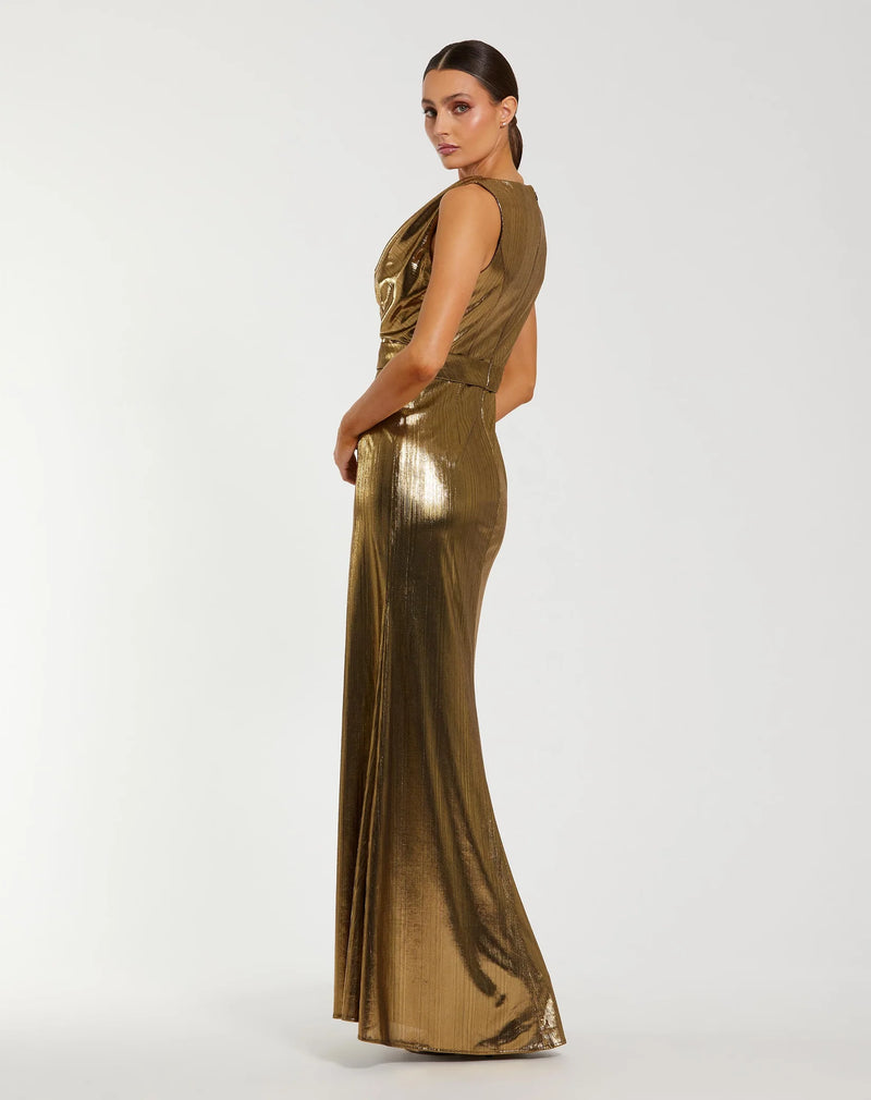 Mac Duggal Antique Gold Metallic Sleeveless Cowl Neck Trumpet Gown With Belt #27715