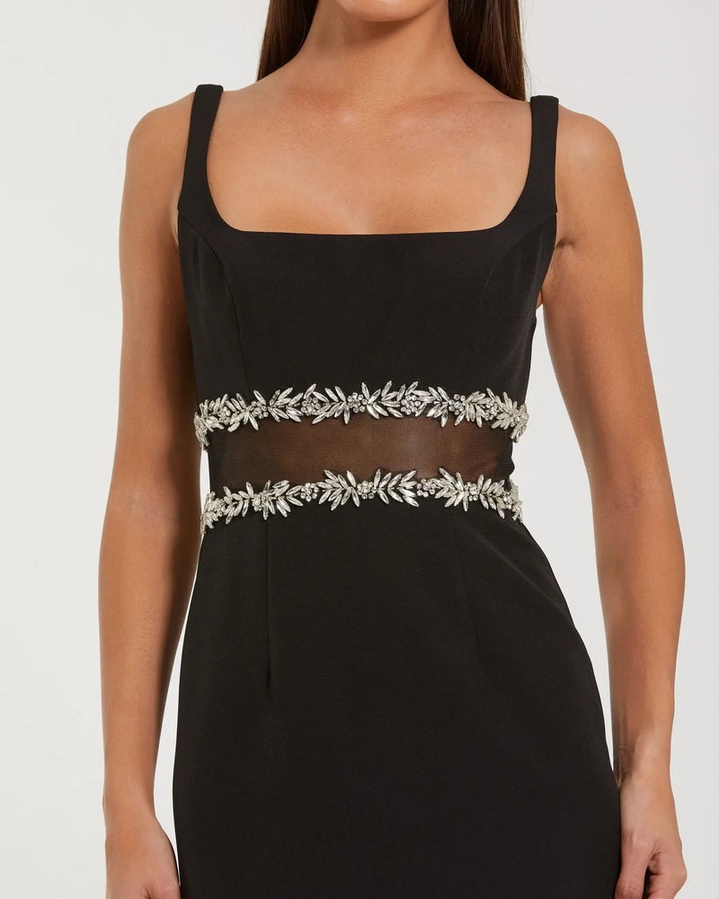 Crepe Ruffle Hem Midi Dress With Jewel Detail - Black