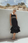 Crepe Ruffle Hem Midi Dress With Jewel Detail - Black