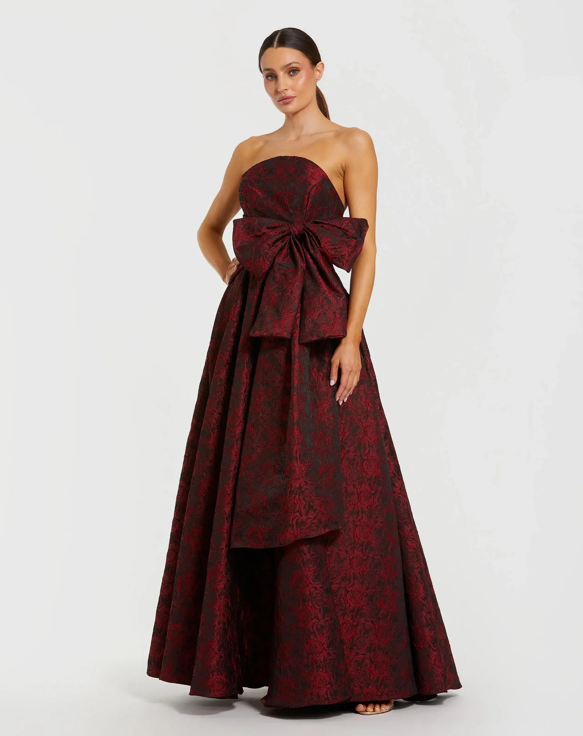 Mac Duggal Red Strapless Brocade Gown With Bow Detail #27725 Red Ruby