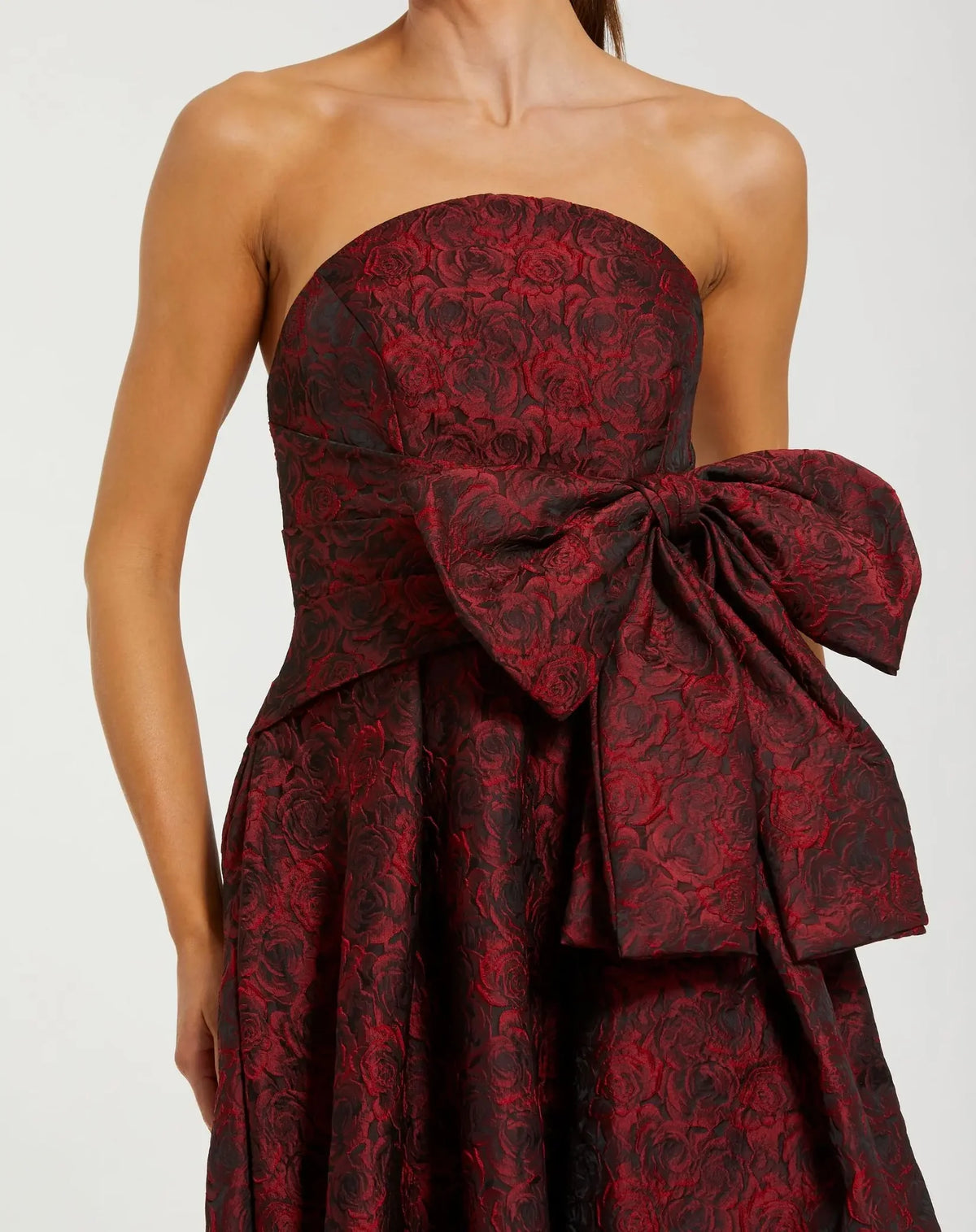 Strapless Brocade Gown With Bow Detail - Ruby