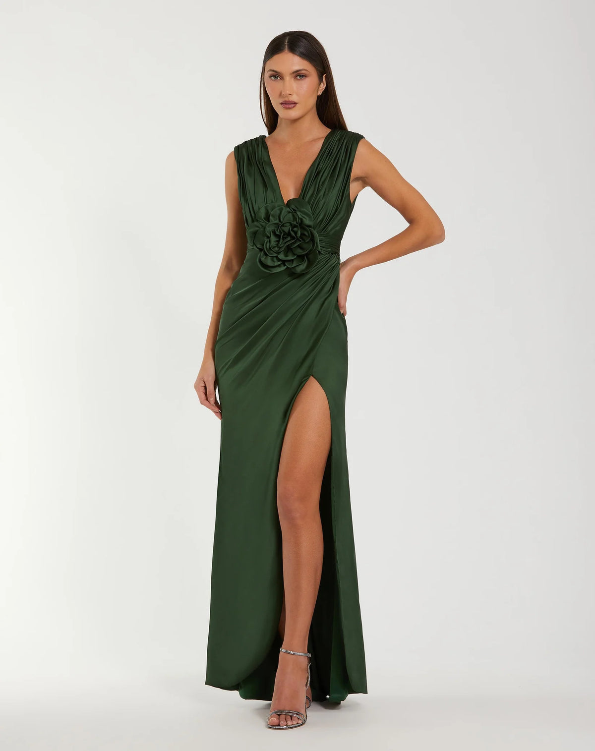 Mac Duggal Pear Charmeuse V Neck Sleeveless Gown With 3D Flower #27728