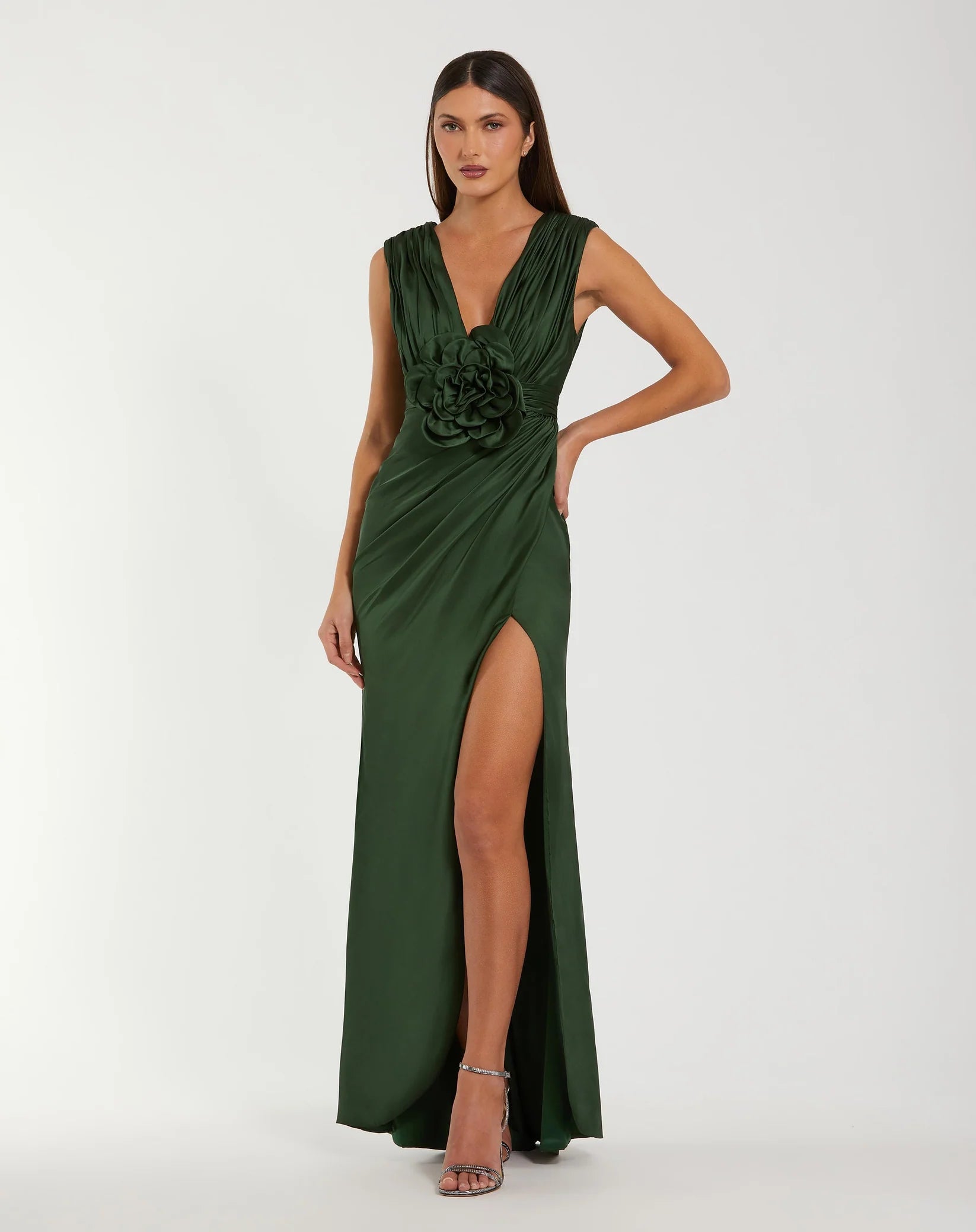 Mac Duggal Pear Charmeuse V Neck Sleeveless Gown With 3D Flower #27728