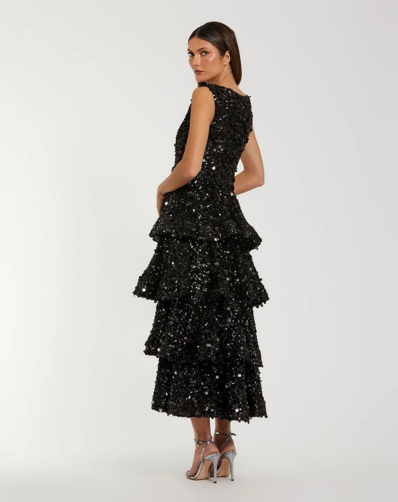 Mac Duggal Sequin Ruffle Midi Dress with Belt - Black  #27733 