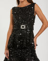 Mac Duggal Sequin Ruffle Midi Dress with Belt - Black  #27733 