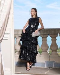 Mac Duggal Sequin Ruffle Midi Dress with Belt - Black  #27733 