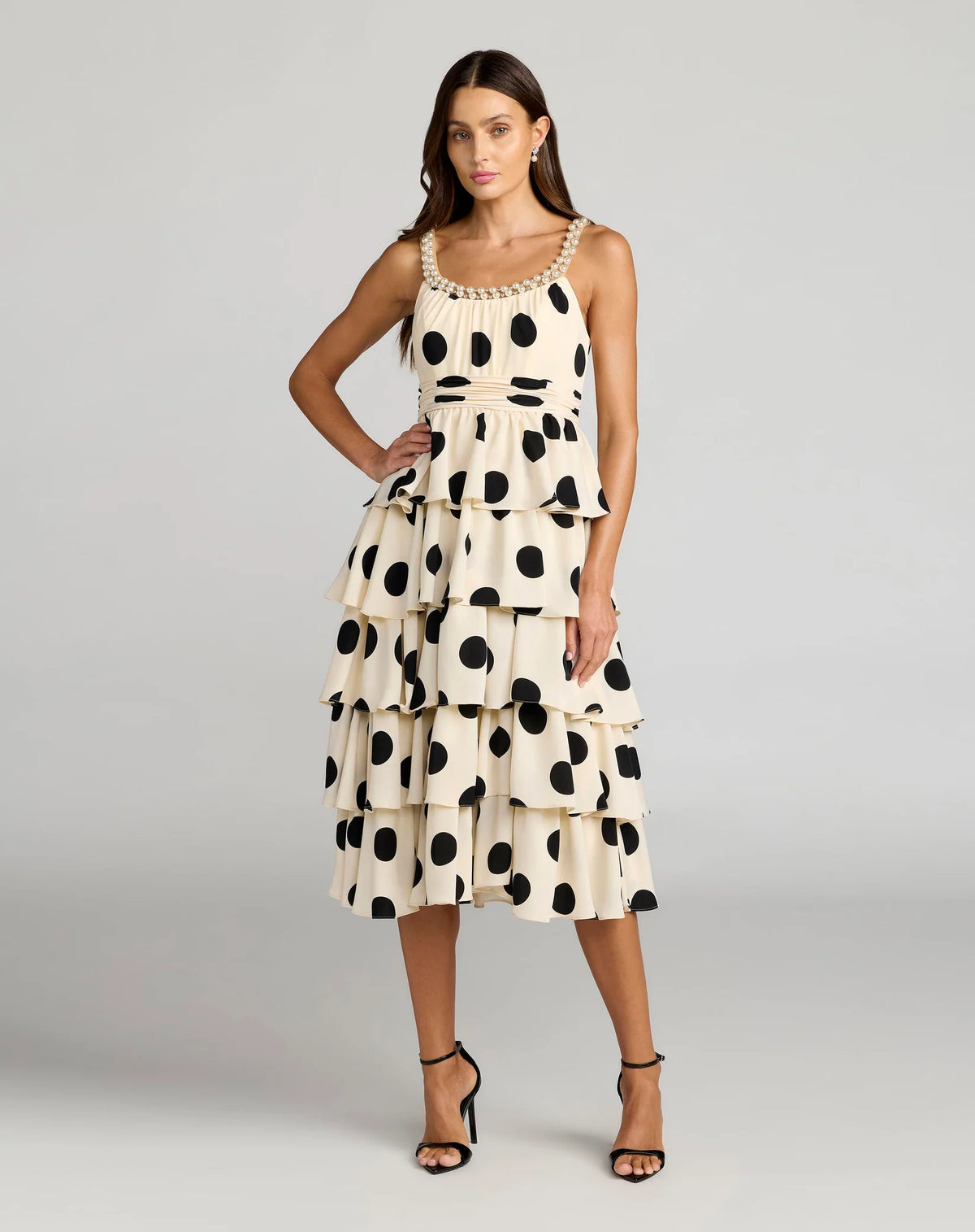 Mac Duggal Beige Polka Dot Pearl Trim Ruffle Midi Dress #27736