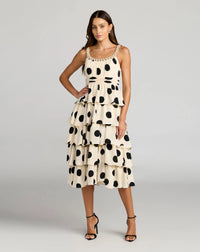 Mac Duggal Beige Polka Dot Pearl Trim Ruffle Midi Dress #27736