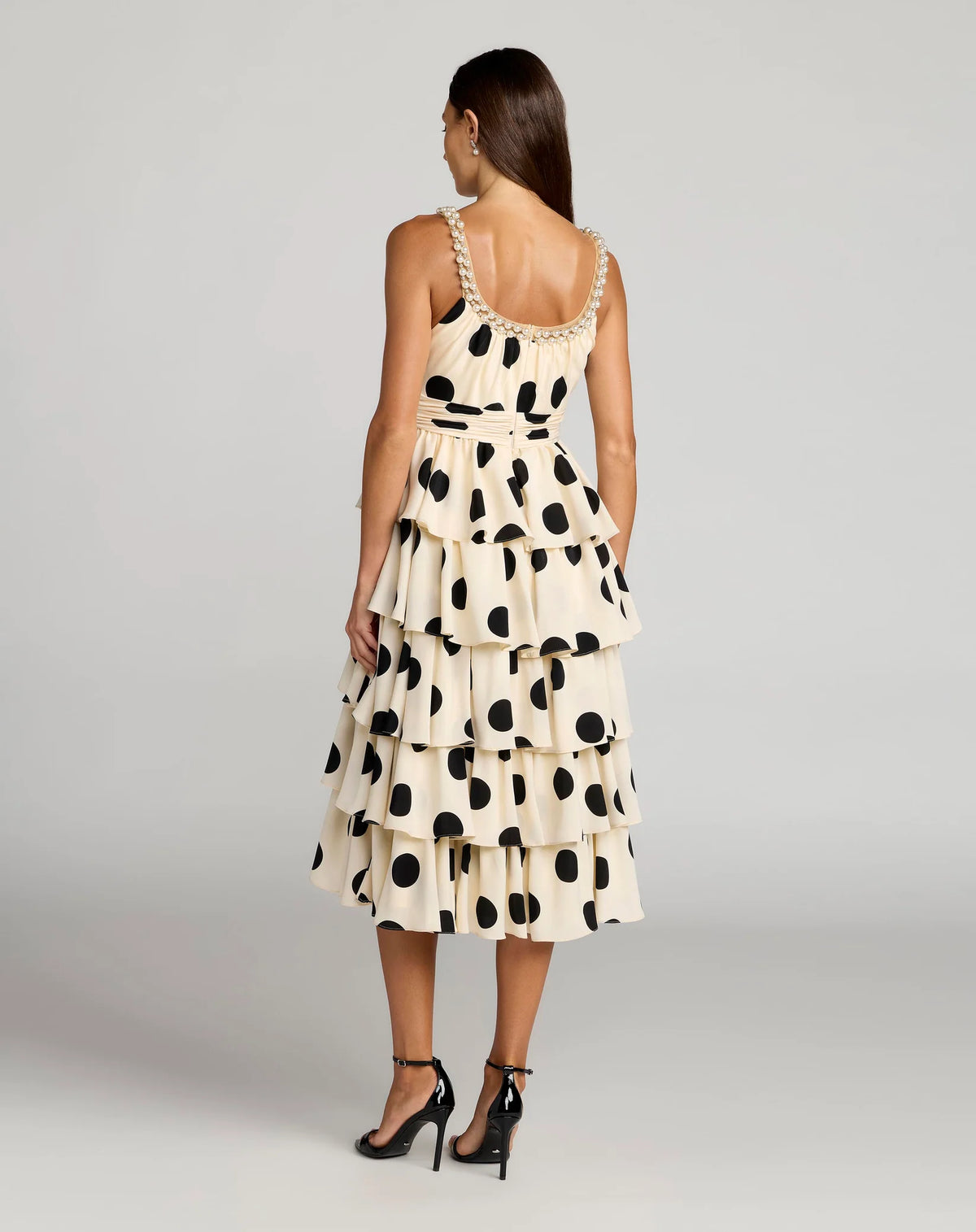 Mac Duggal Beige Polka Dot Pearl Trim Ruffle Midi Dress #27736