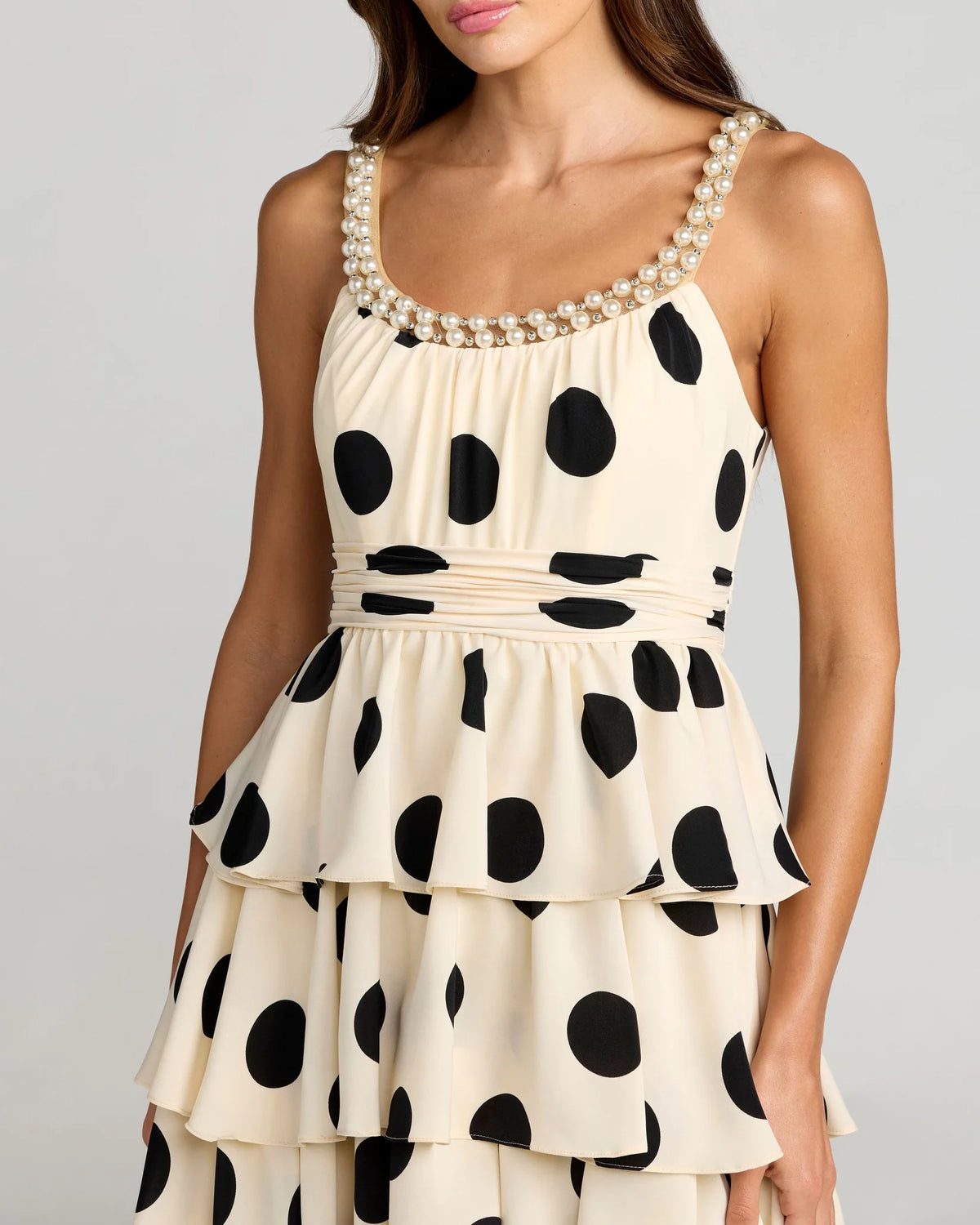 Mac Duggal Beige Polka Dot Pearl Trim Ruffle Midi Dress #27736