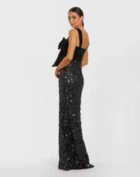Sleeveless Sequin Column Gown With Velvet Bow - Black