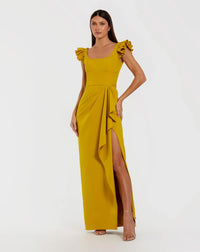 Mac Duggal Chartreuse Crepe Column Square Neck Gown With Ruffle Detail #27740