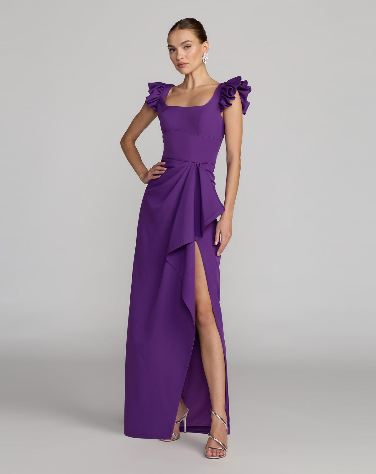 Mac Duggal #27740 ultra violet square neck ruffle slit gown