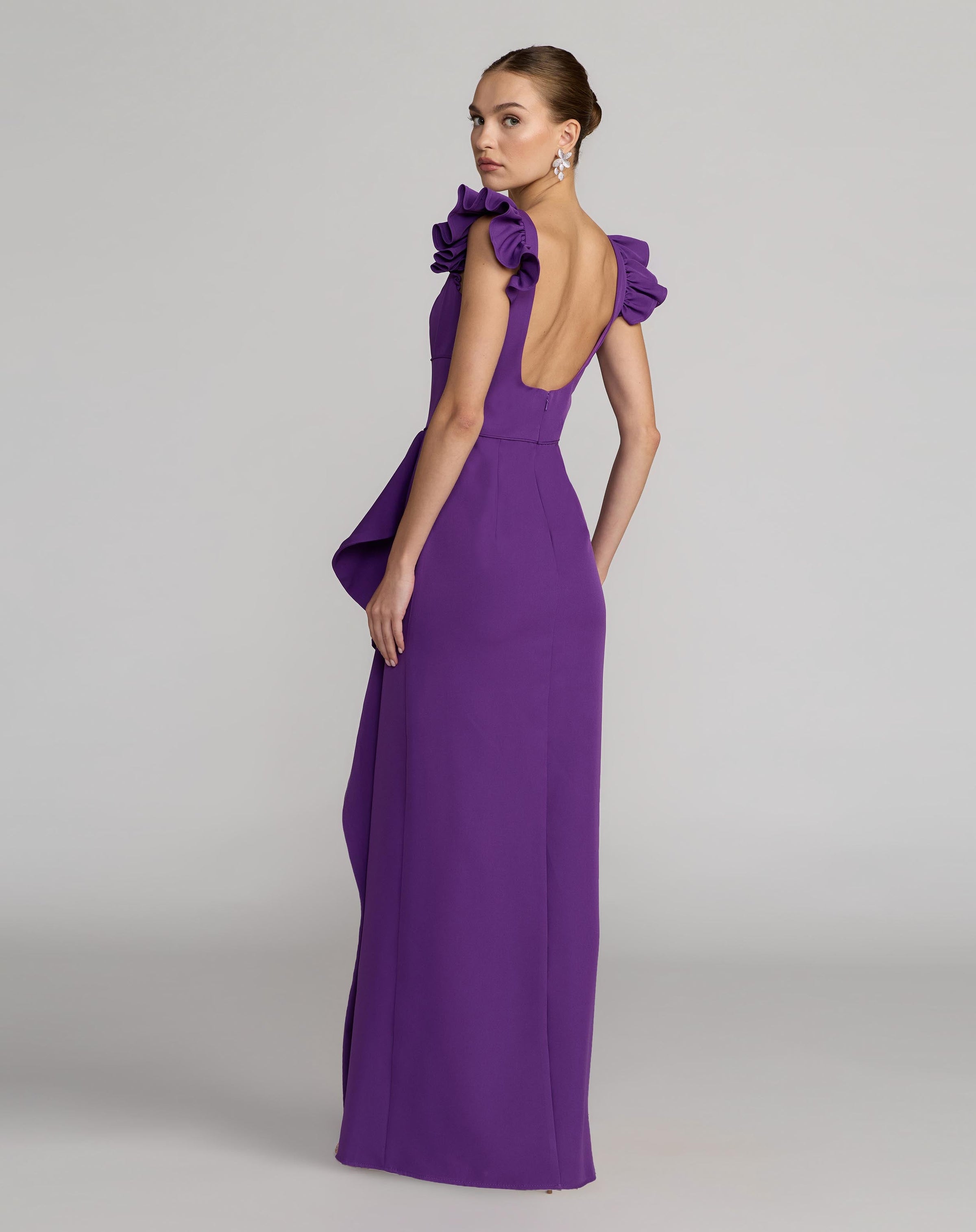 Mac Duggal #27740 ultra violet square neck ruffle slit gown