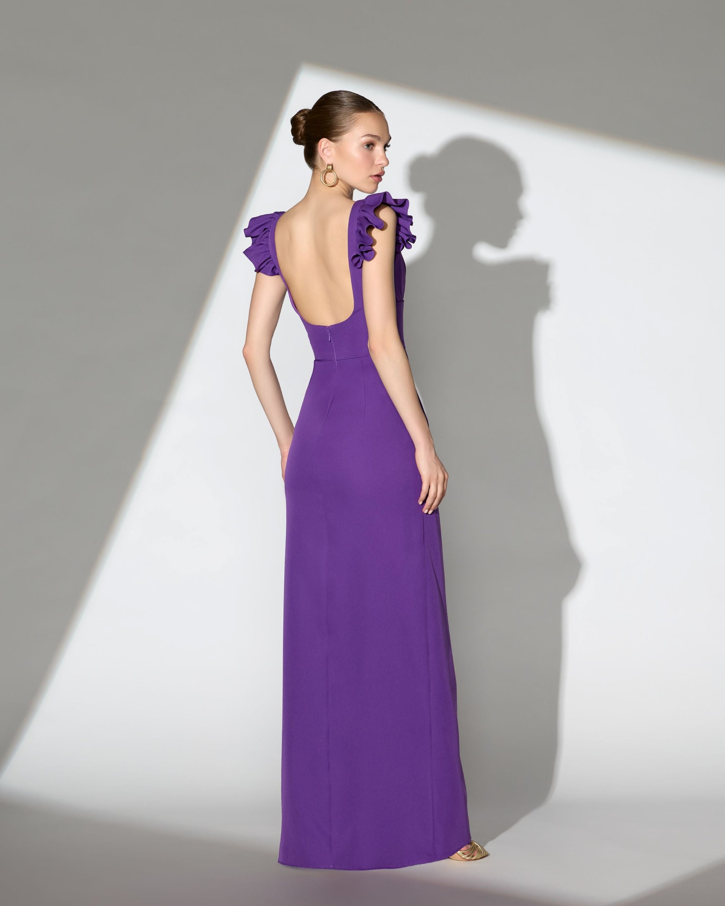 Mac Duggal #27740 ultra violet square neck ruffle slit gown