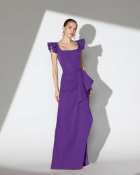 Mac Duggal #27740 ultra violet square neck ruffle slit gown