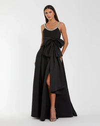 Mac Duggal Black Satin Gown With Pearl Neckline and Bow Detail #27743