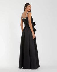 Mac Duggal Black Satin Gown With Pearl Neckline and Bow Detail #27743