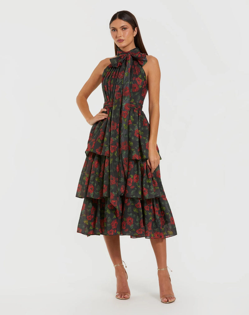 Mac Duggal Black Floral Chiffon Tiered Midi Dress with Neck Bow #27747 Black Multi