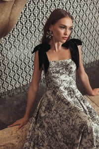 Mac Duggal Black Ivory Brocade A Line Midi Dress With Bow Straps #27749 Black Multi