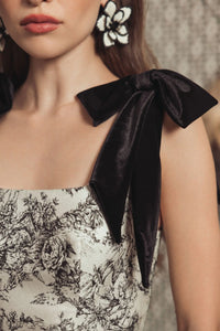 Mac Duggal Black Ivory Brocade A Line Midi Dress With Bow Straps #27749 Black Multi