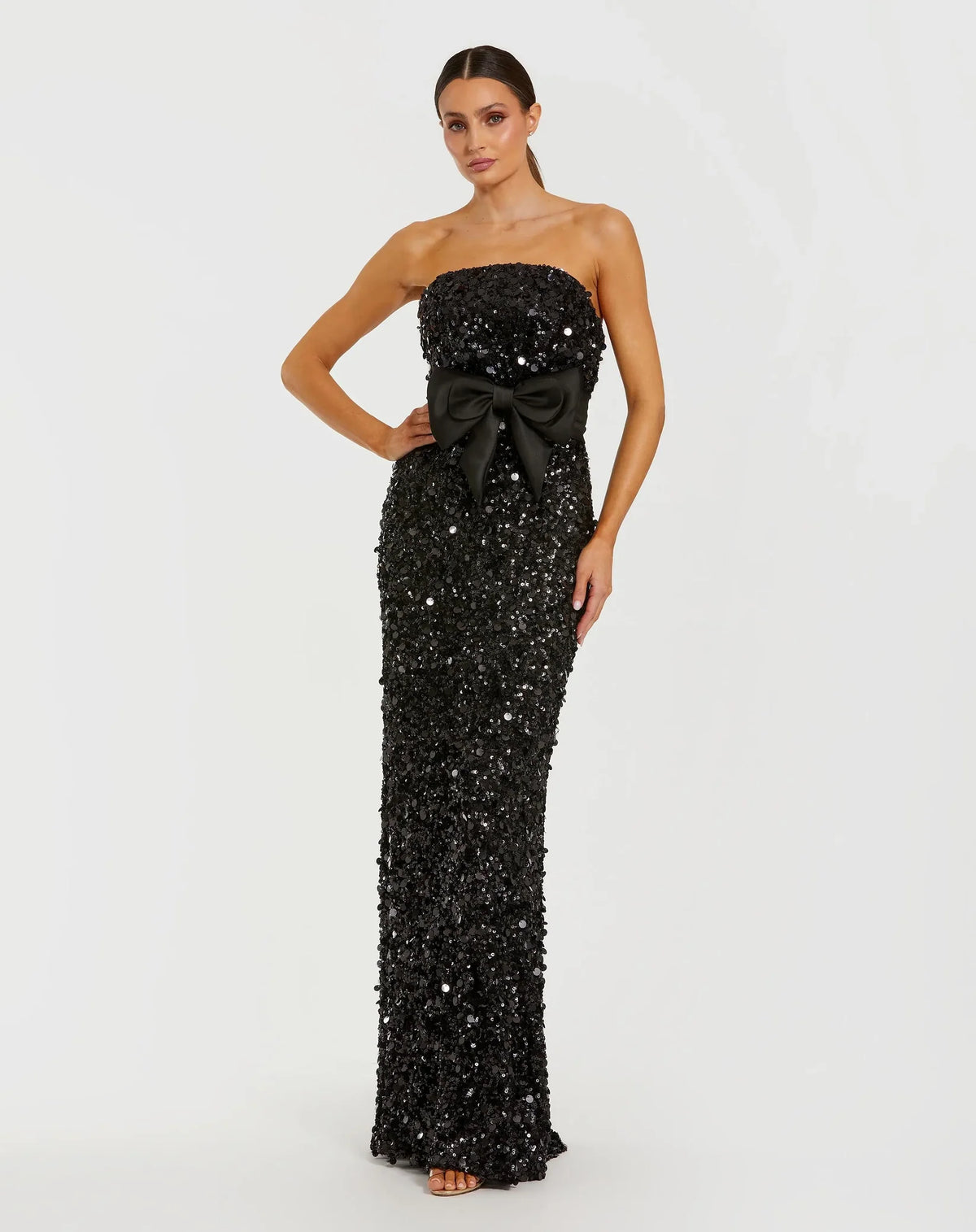 Mac Duggal Black Strapless Sequin Evening Gown With Bow #27761 Blac