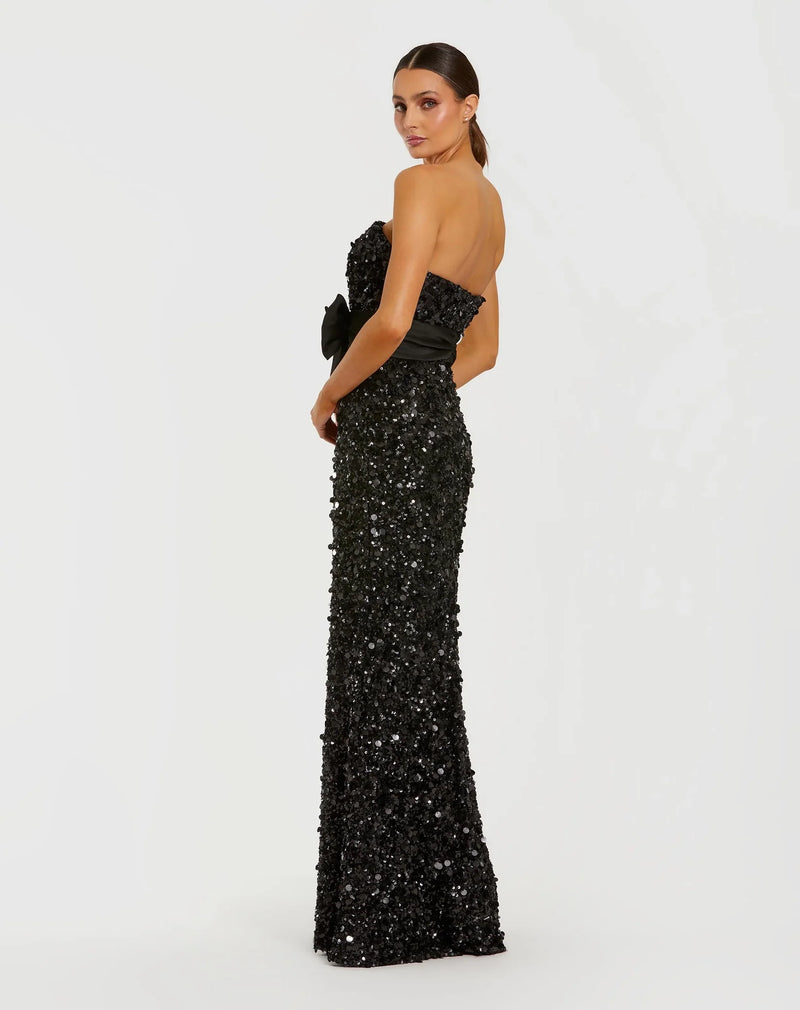 Strapless Sequin Evening Gown With Bow - Black
