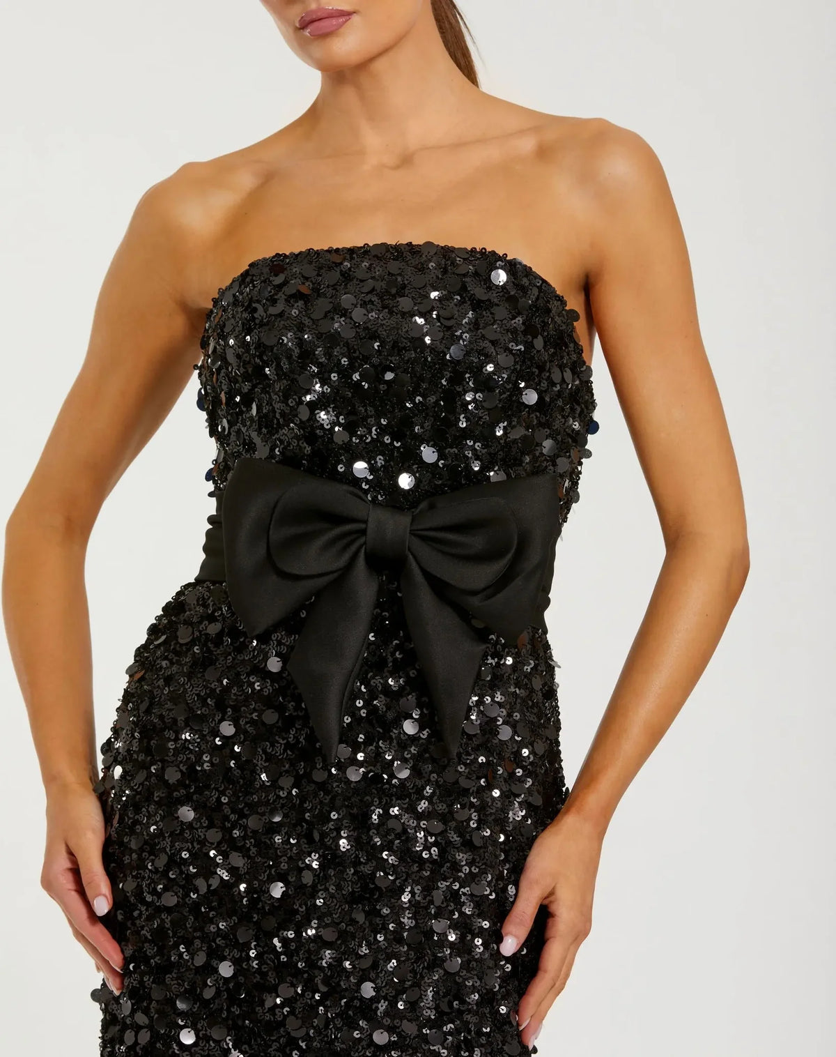 Strapless Sequin Evening Gown With Bow - Black