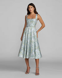 Mac Duggal Blue Sleeveless Belted A-Line Midi Dress #27768 Floral Multi